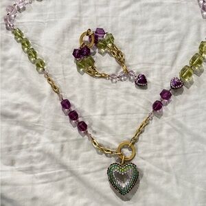 Tarina Tarintino Gold Green and Purple Heart Pendant Necklace and Bracelet Set